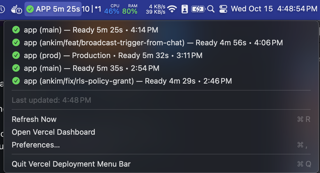 Deploylight showing deployment status in the macOS menu bar with build, ready, and error states